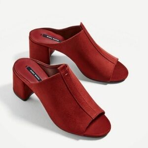 ZARA Red Suede Mules With Block Heel Size 37 Eu